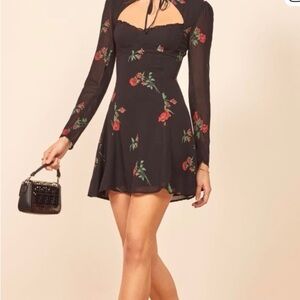 Reformation Black Dress with Red Floral Print